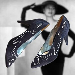 Vintage‎ 1950s Albanese Roma Black Satin Heels w/ Rhinestones & Embroidery Italy